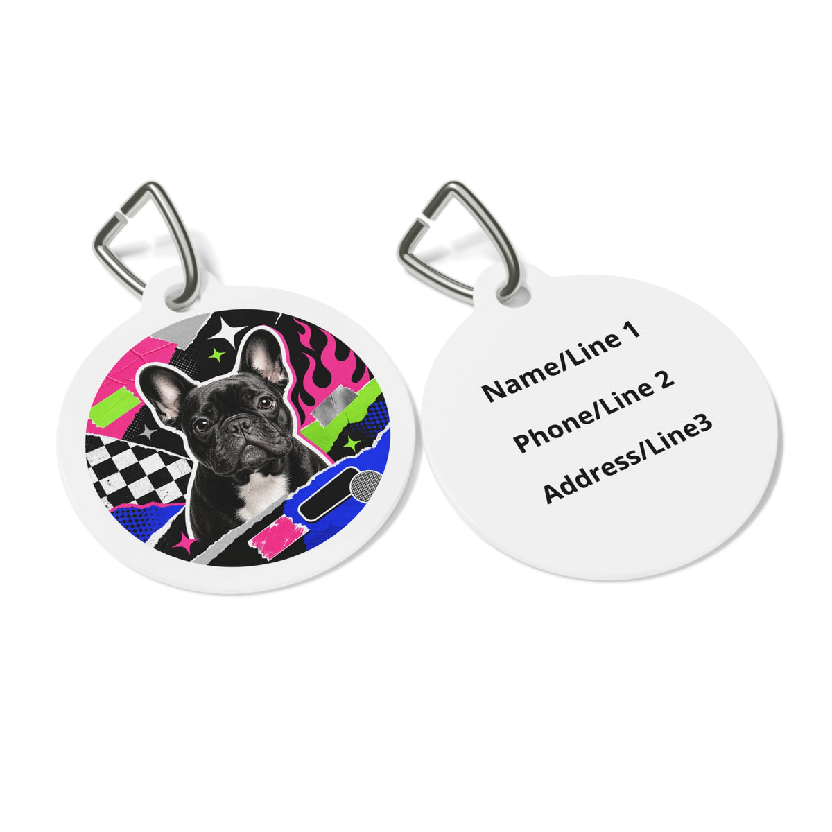 Close-up of French Bulldog Neon Retro artwork on personalized dog ID tag