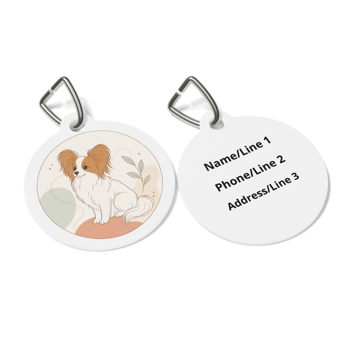 Close-up of Papillon Warm Modern Botanical artwork on personalized dog ID tag
