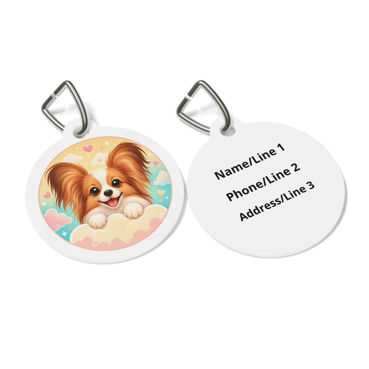 Close-up of Papillon Sunny Heart Clouds artwork on personalized dog ID tag