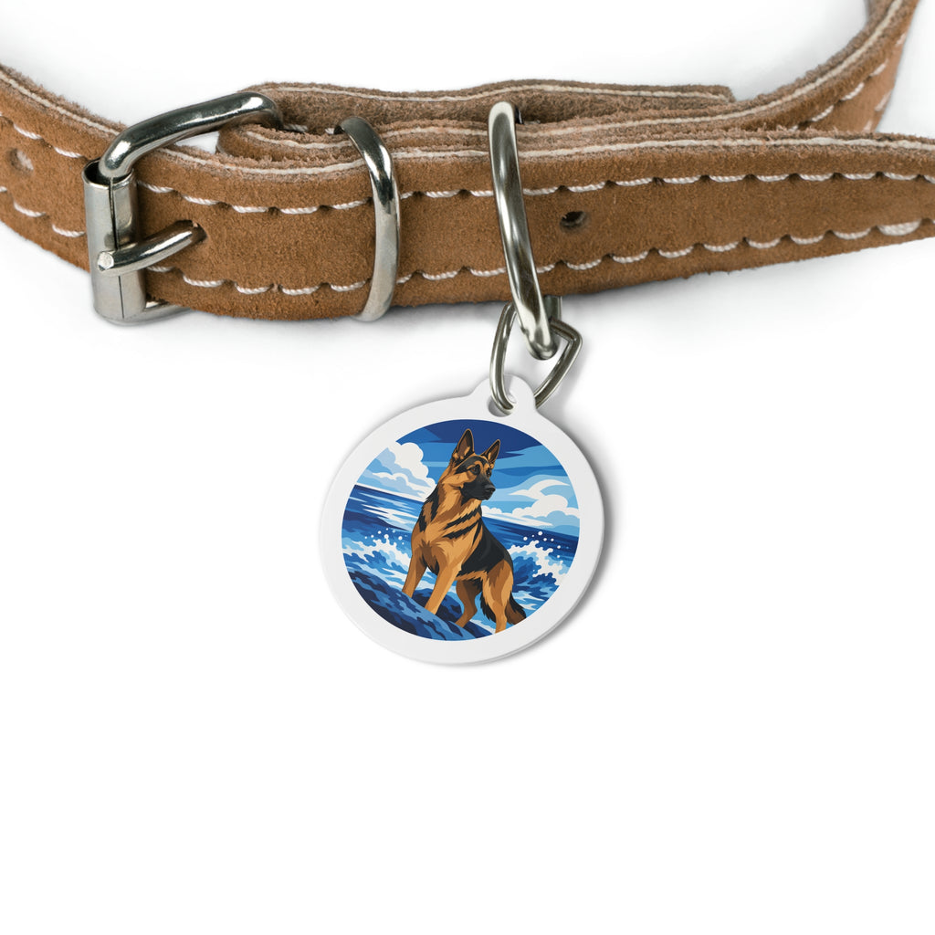 Placa de identificación personalizada para perro Pastor Alemán Aventura en el océano
