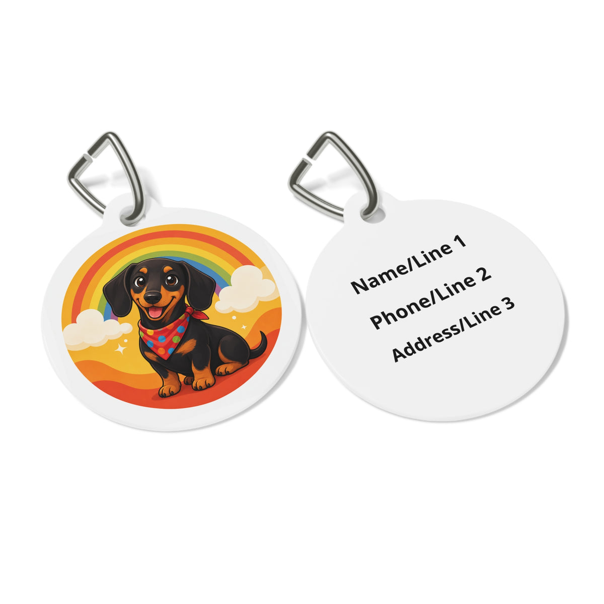 Close-up of Dachshund Joyful Rainbow artwork on personalized dog ID tag