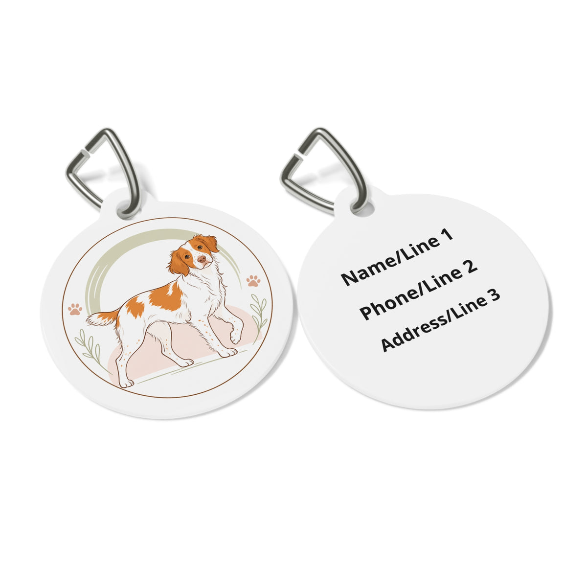 Close-up of Brittany Clean Line Art artwork on personalized dog ID tag