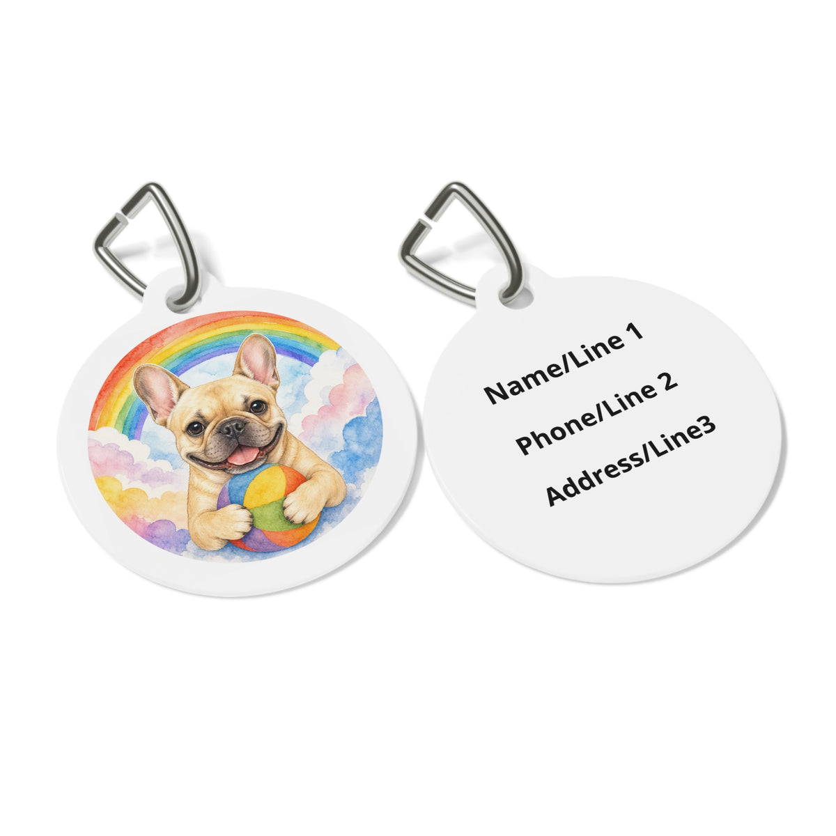 Close-up of French Bulldog Whimsical Rainbow artwork on personalized dog ID tag