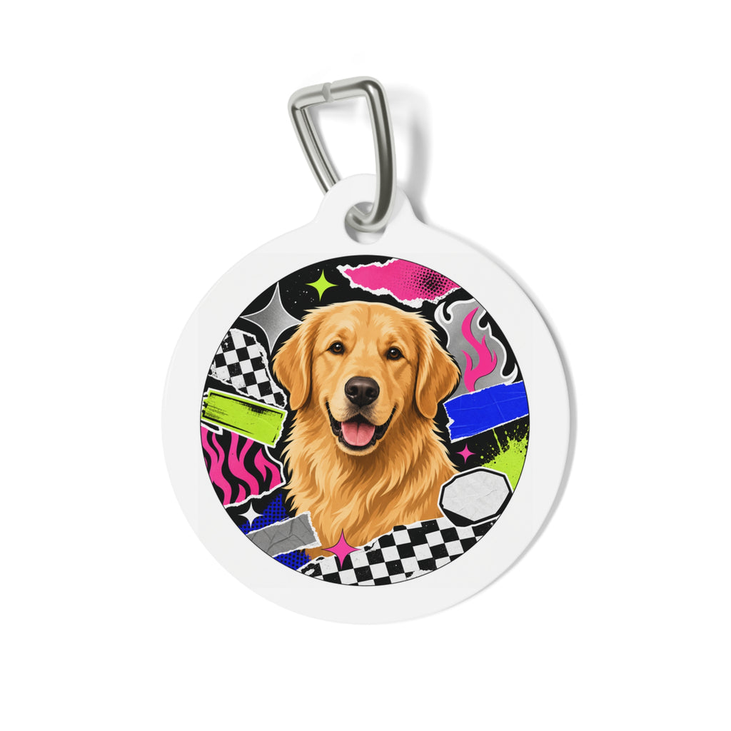 Placa de identificación personalizada para perro Golden Retriever Pop de los 90 a cuadros