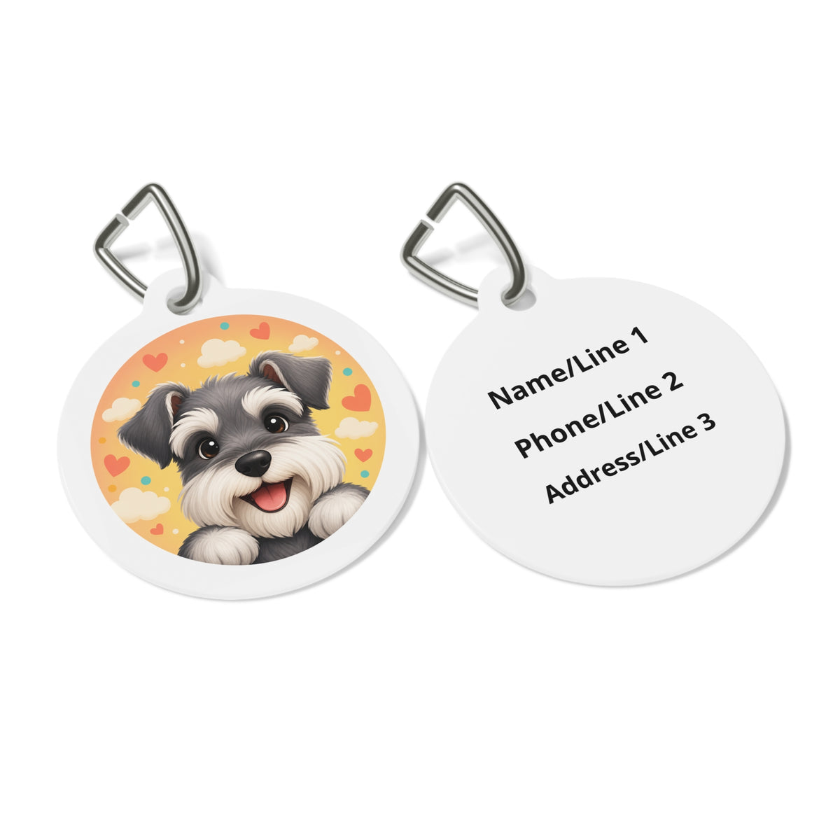 Close-up of Miniature Schnauzer Sweet Heart artwork on personalized dog ID tag