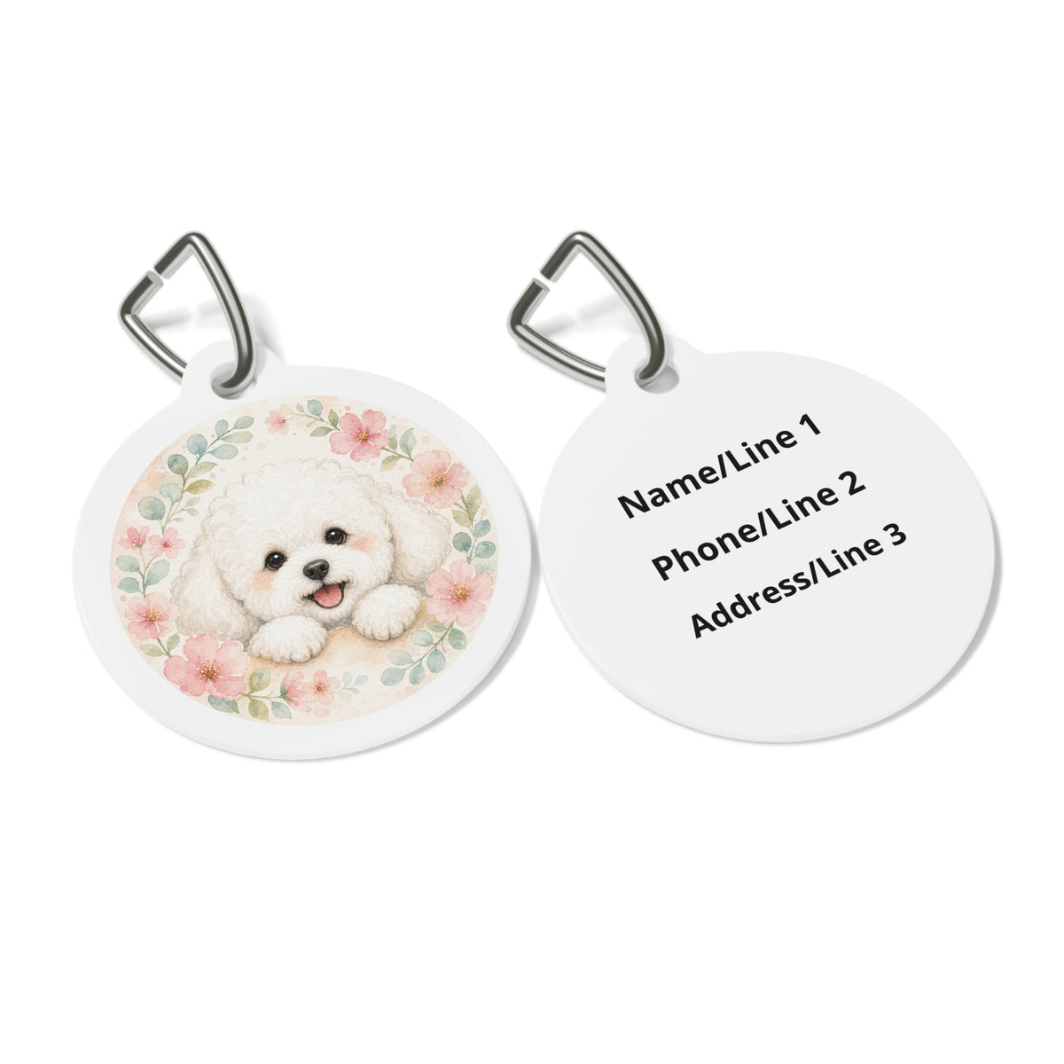 Close-up of Bichon Frise Joyful Floral artwork on personalized dog ID tag