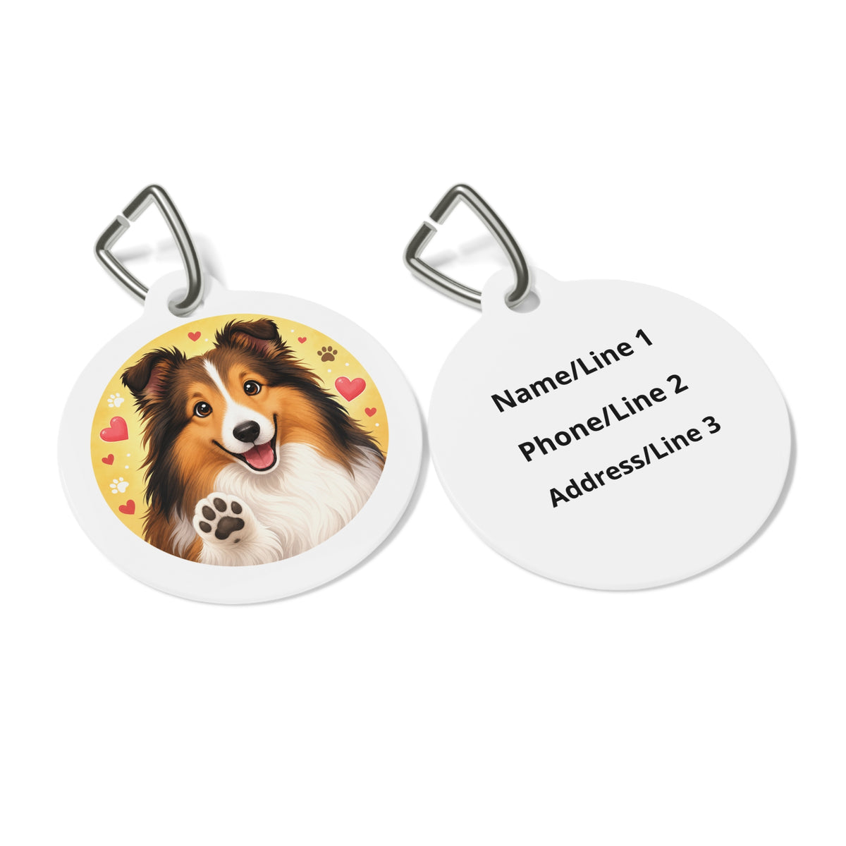Close-up of Shetland Sheepdog Sweet Heart artwork on personalized dog ID tag
