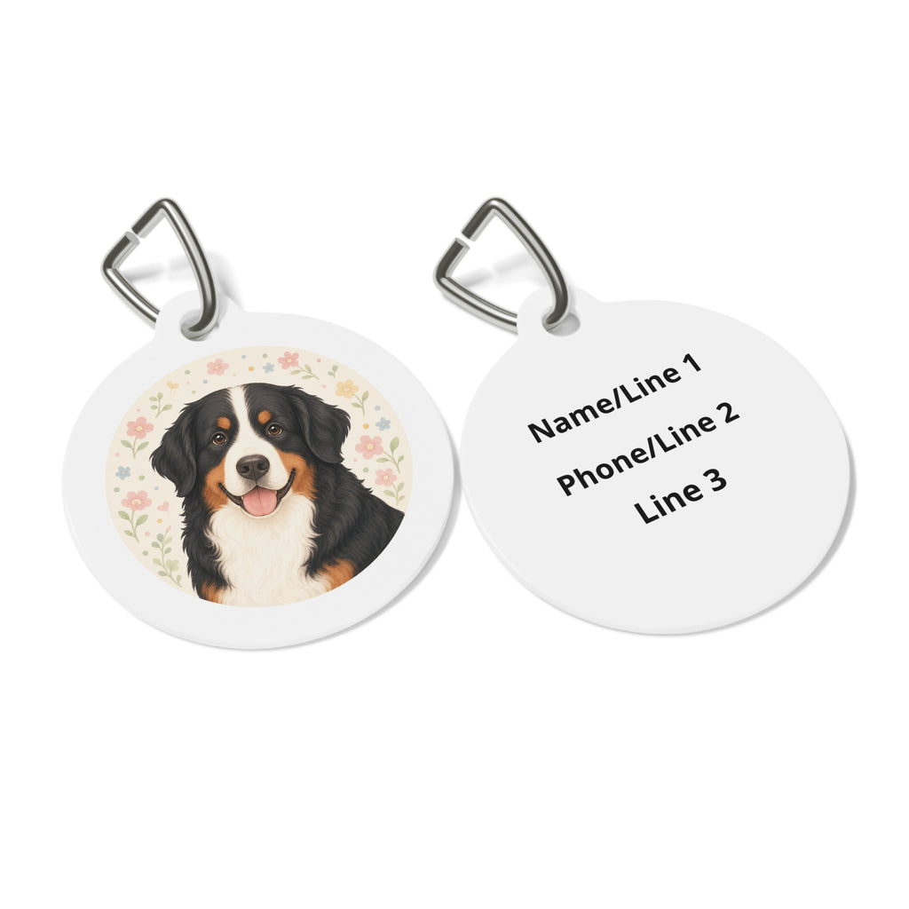 Retrato botánico artístico de perro boyero de Berna Placa de identificación personalizada para perro