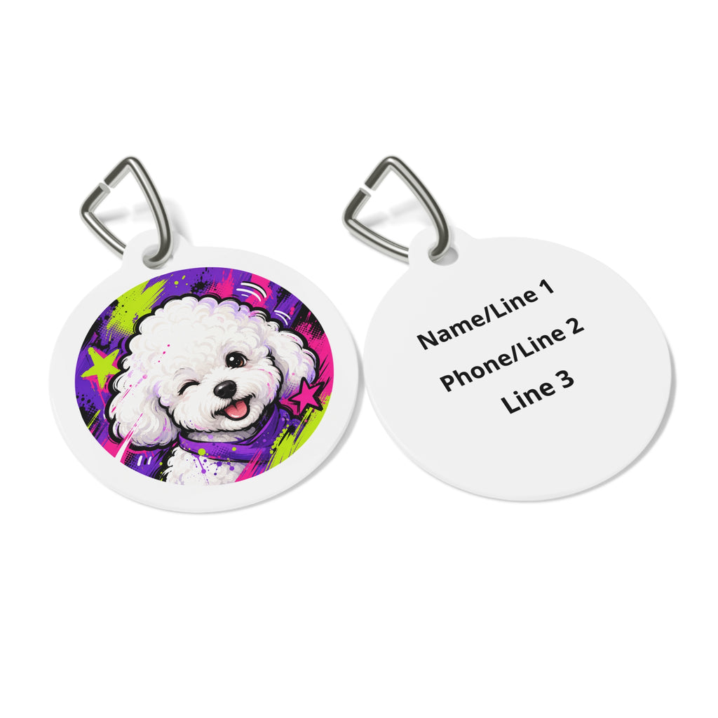 Etiqueta de identificación de perro personalizada con retrato colorido de Bichón Frisé