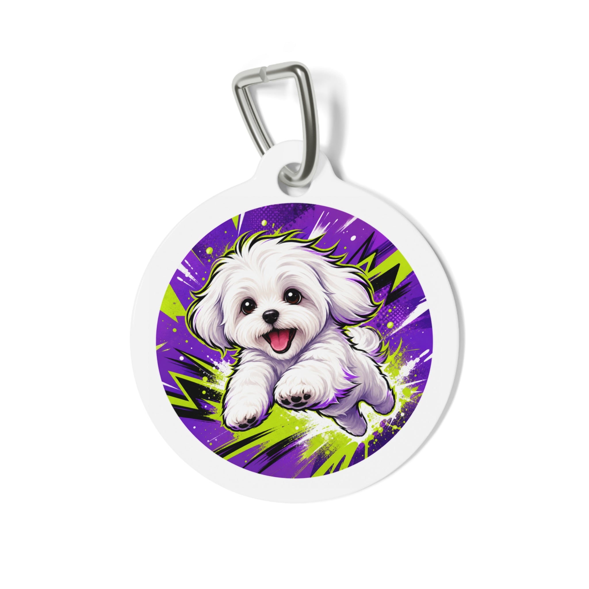Maltese Neon Comic Action Personalized Dog ID Tag