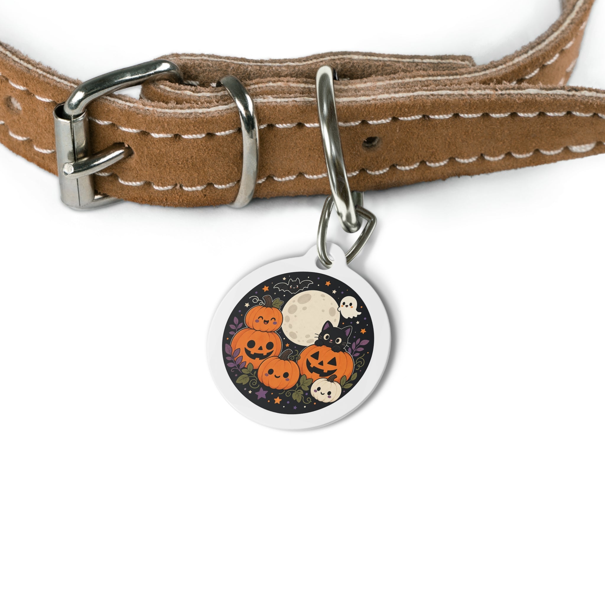 Moonlit Black Cat & Pumpkin Patch Personalized Dog ID Tag