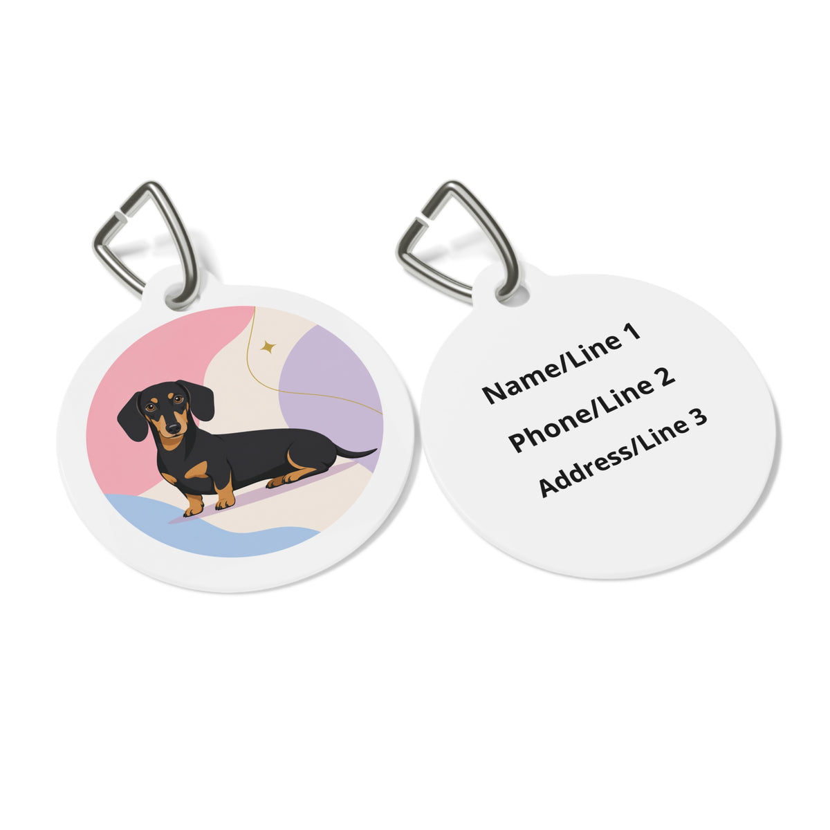 Close-up of Dachshund Playful Portrait artwork on personalized dog ID tag