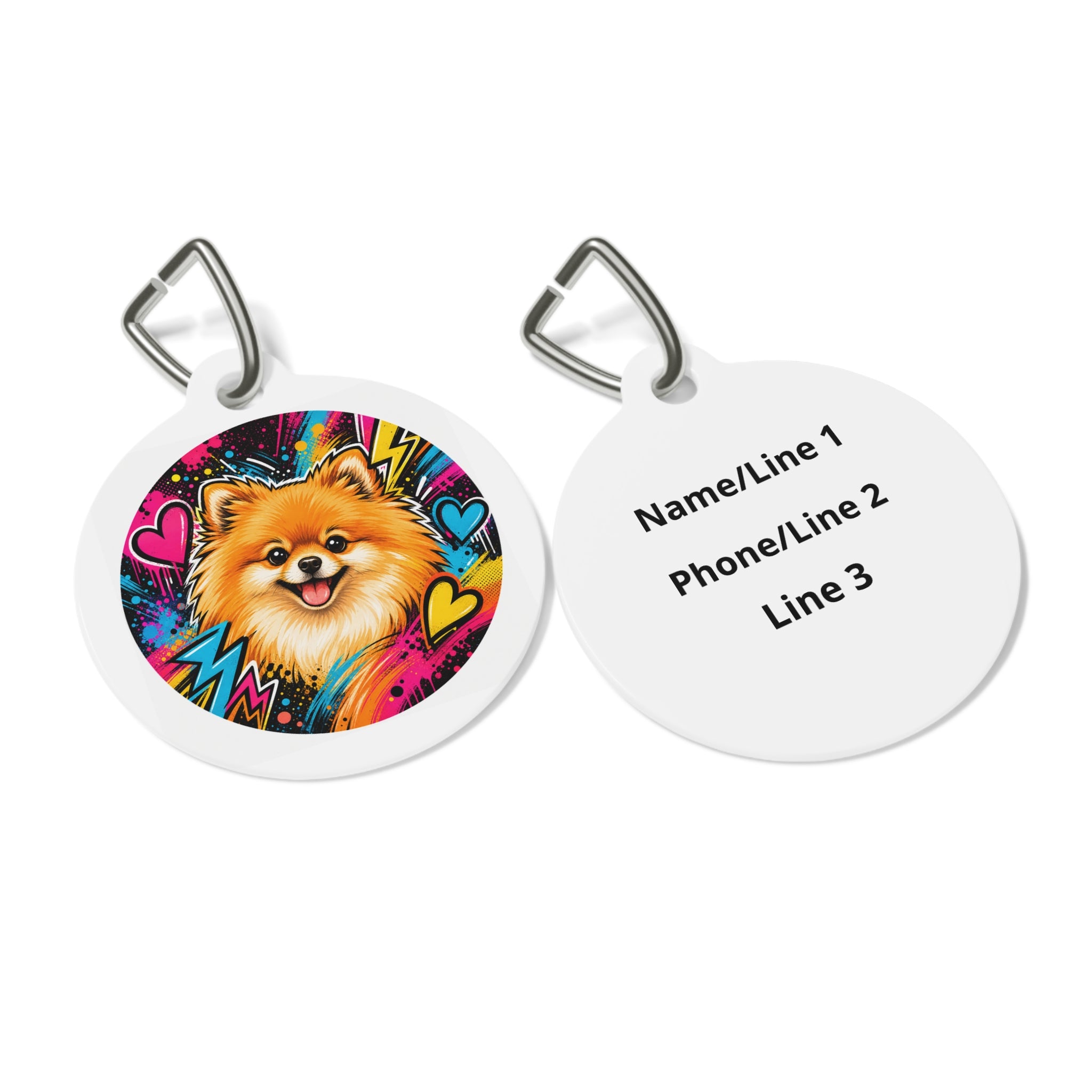 Pomeranian Neon Graffiti Hearts Personalized Dog ID Tag