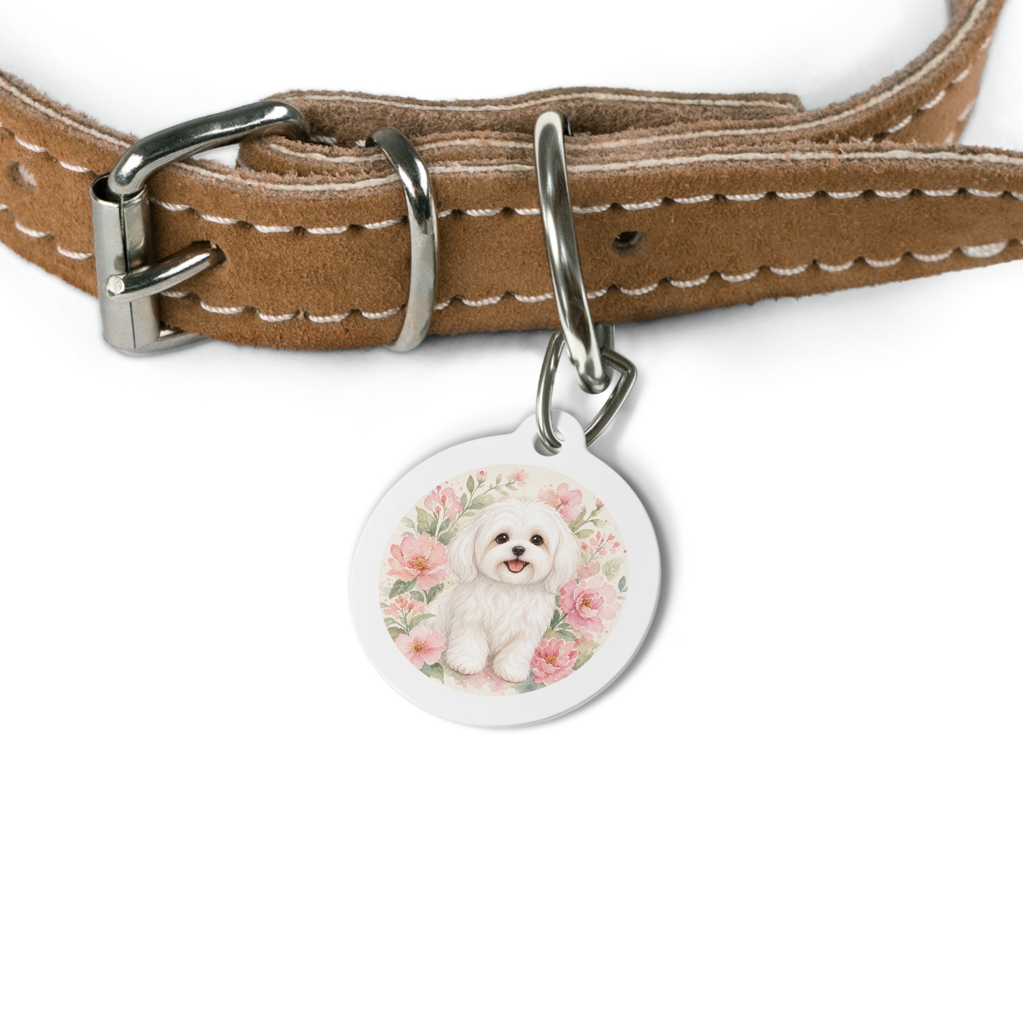 Maltese Pink Floral Garden Personalized Dog ID Tag