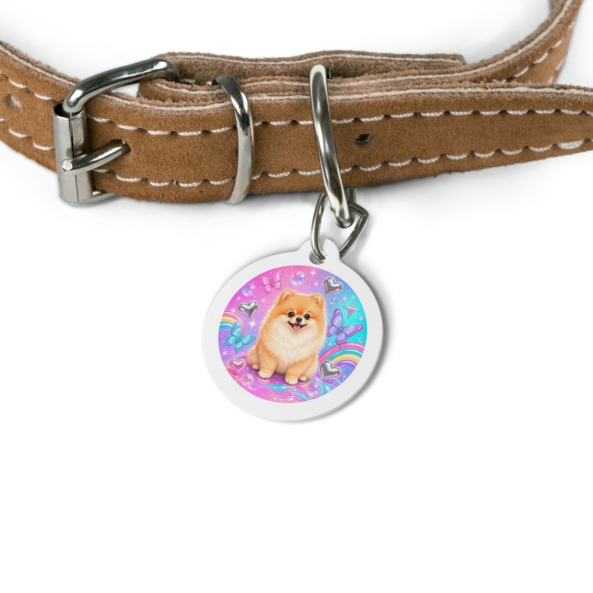 Pomeranian Kawaii Rainbow Butterfly Personalized Dog ID Tag