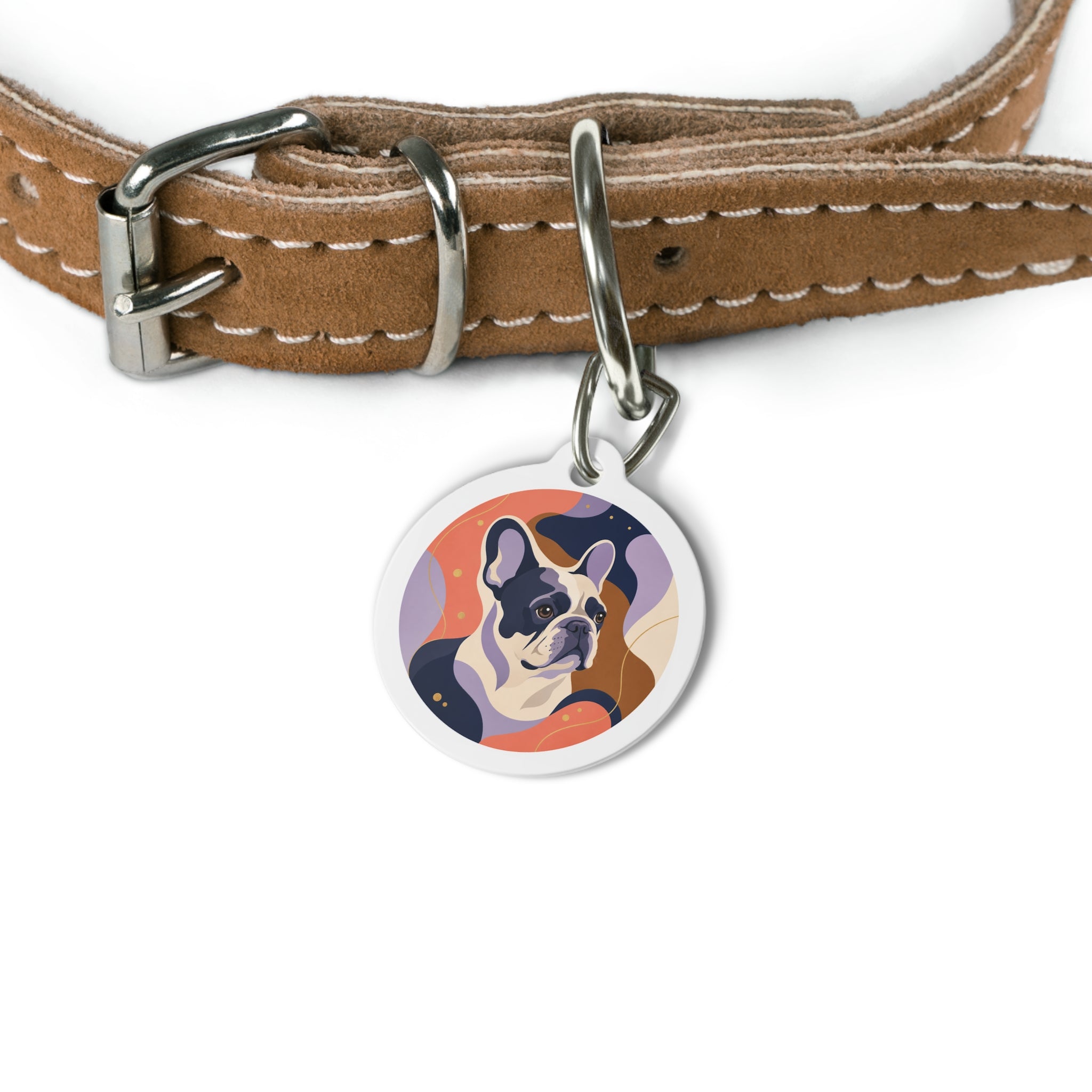 Etiqueta de identificación para perro personalizada, retrato alegre y juguetón de bulldog francés