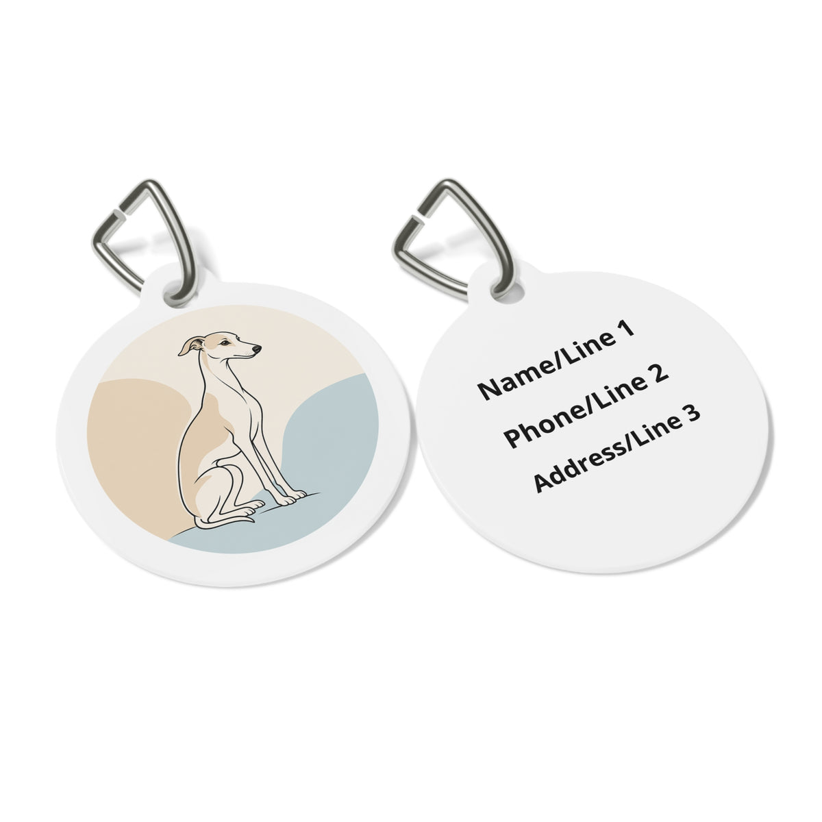 Close-up of Whippet Minimal Seated Portrait artwork on personalized dog ID tag