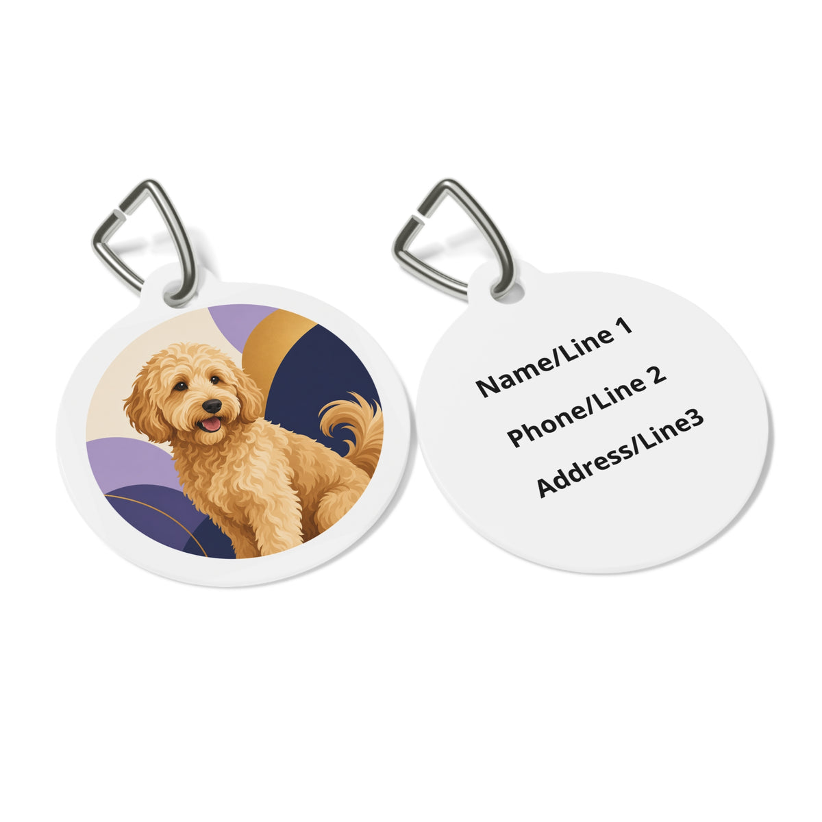 Close-up of Goldendoodle Cute Golden Doodle artwork on personalized dog ID tag