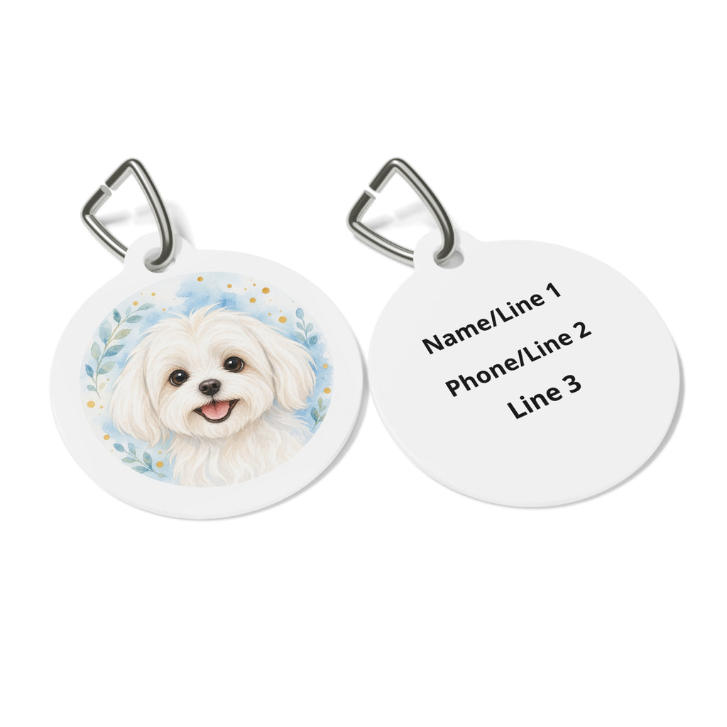 Etiqueta de identificación de perro personalizada con motivos botánicos en acuarela azul maltés