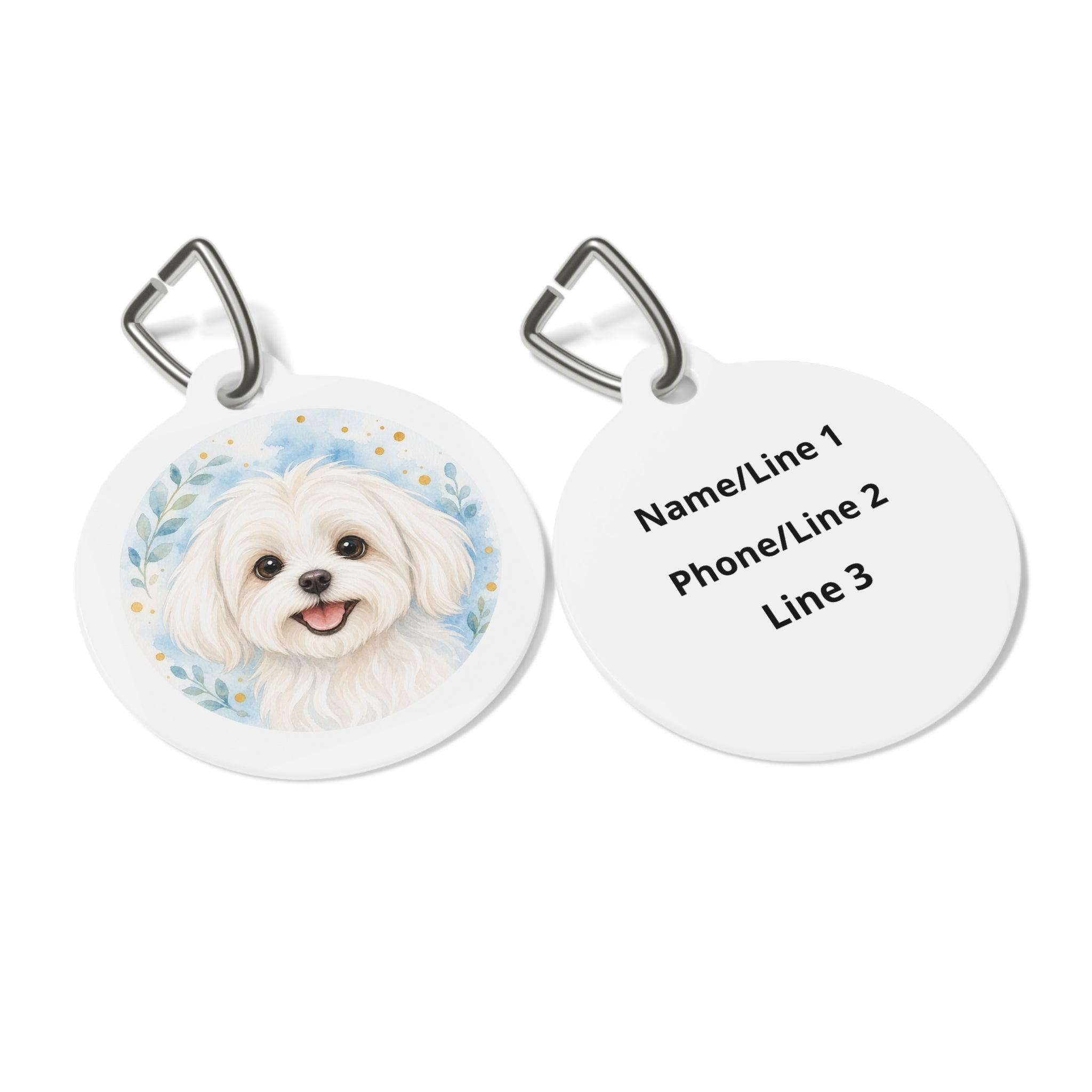 Maltese Blue Watercolor Botanicals Personalized Dog ID Tag