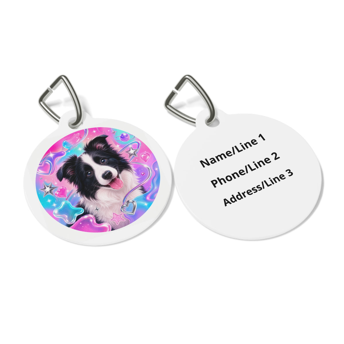 Close-up of Border Collie Kawaii Candy Galaxy artwork on personalized dog ID tag