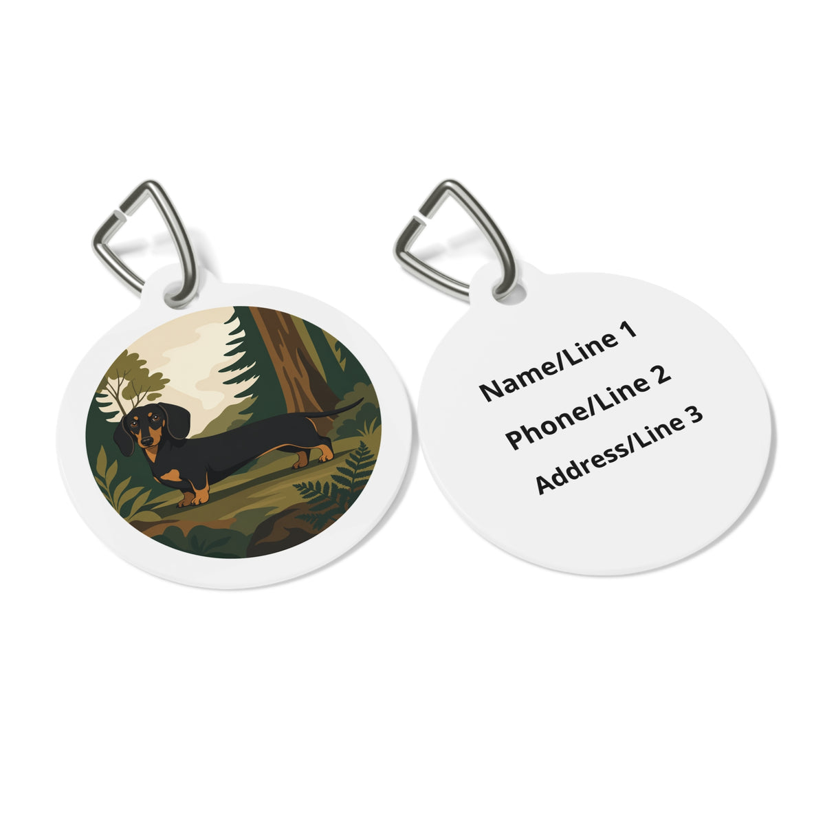 Close-up of Dachshund Artful Playful Portrait artwork on personalized dog ID tag