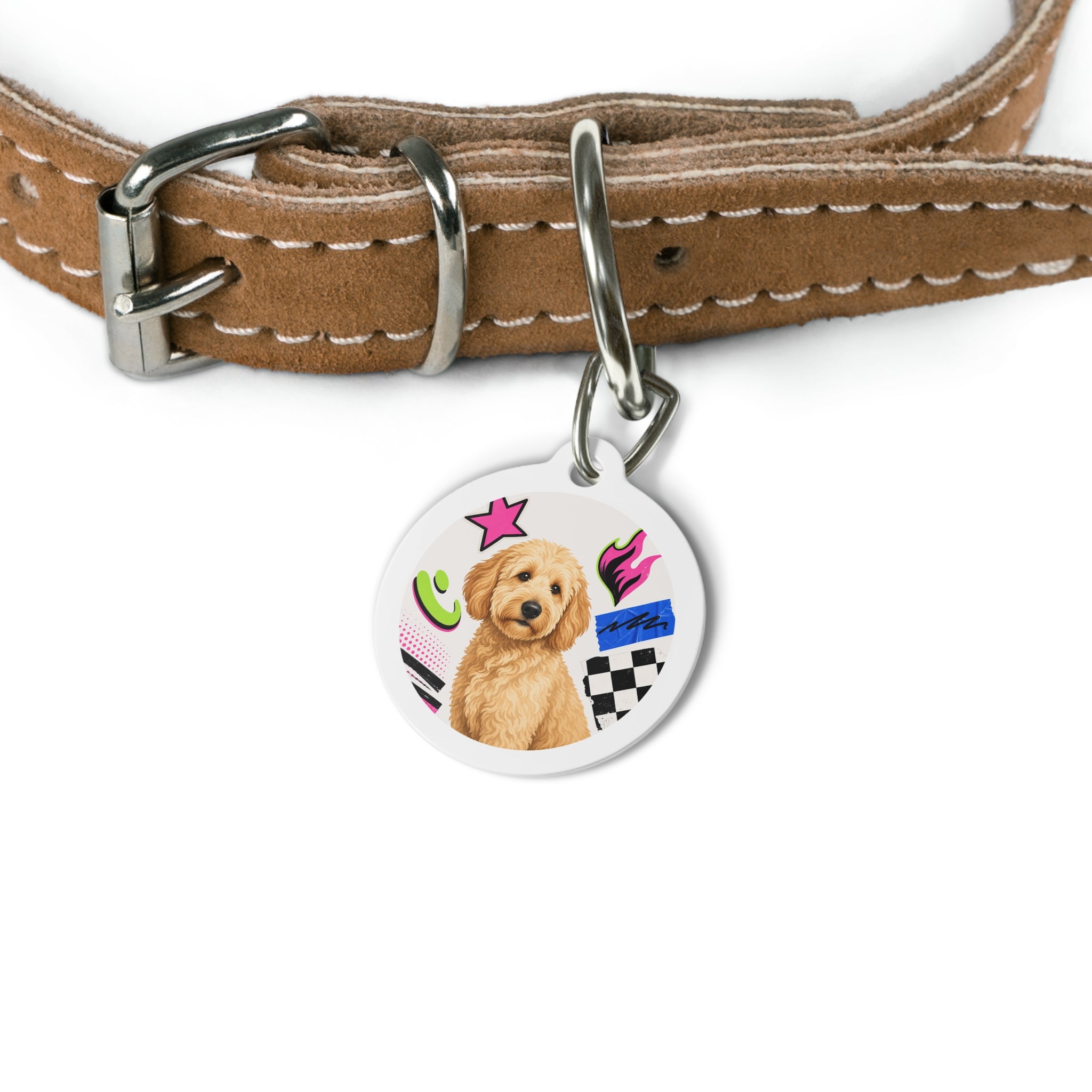 Goldendoodle Colorful Retro Pup Personalized Dog ID Tag