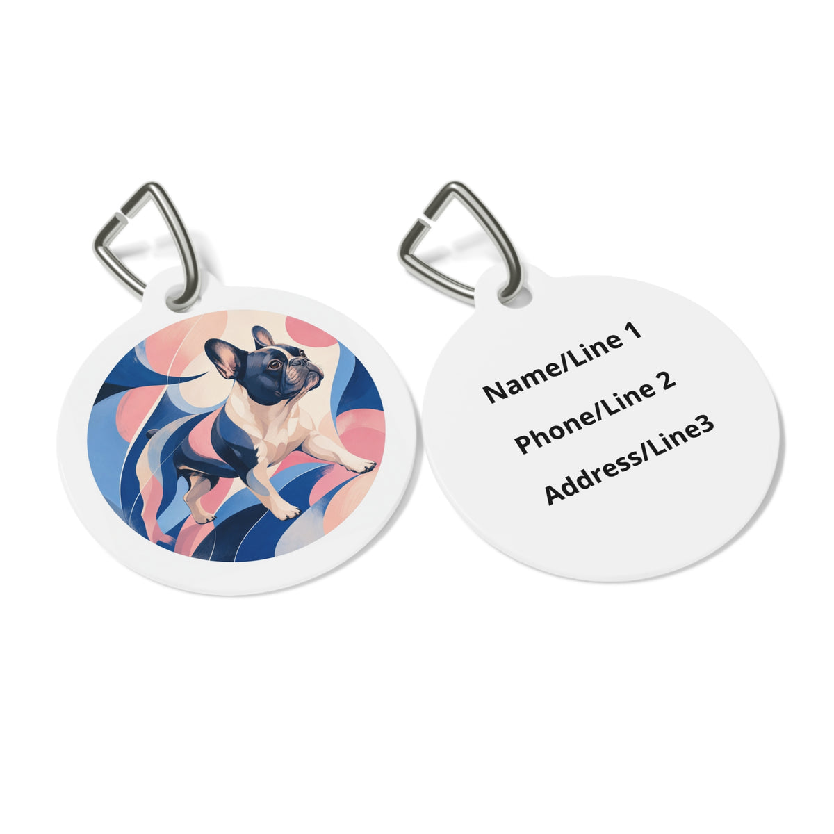 Close-up of French Bulldog Whimsical Playful Portrait artwork on personalized dog ID tag
