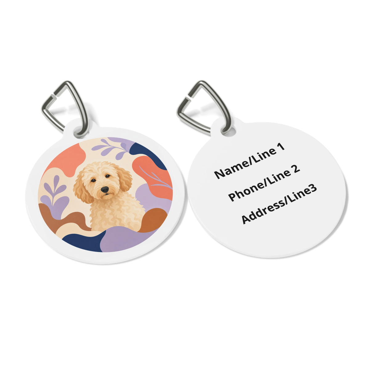 Close-up of Goldendoodle Joyful Illustrated Doodle artwork on personalized dog ID tag