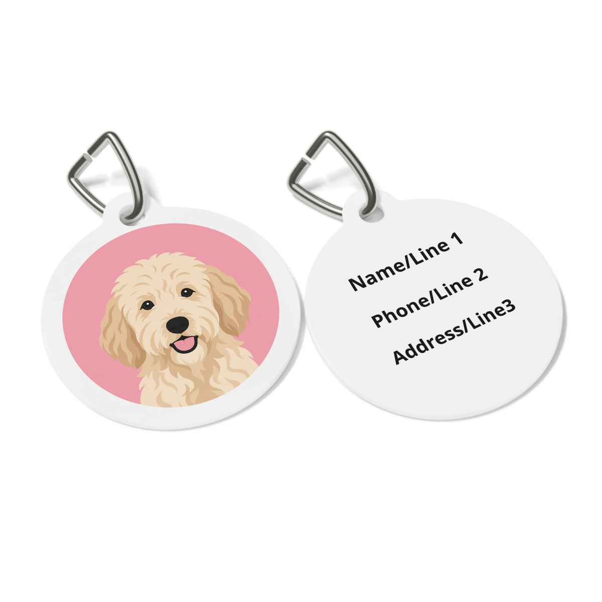 Close-up of Goldendoodle Soft Pink Doodle Portrait artwork on personalized dog ID tag