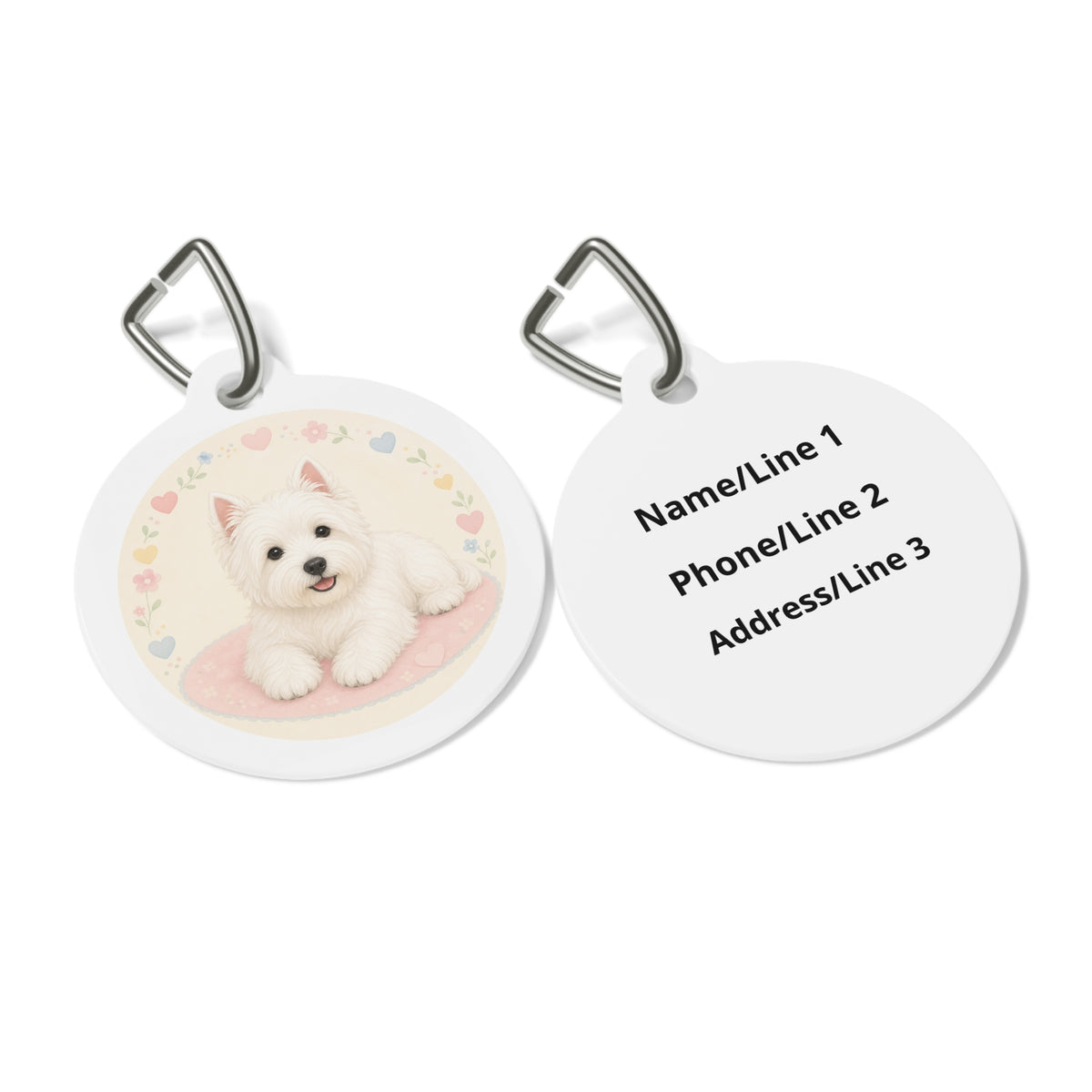 Close-up of West Highland White Terrier Pastel Heart artwork on personalized dog ID tag