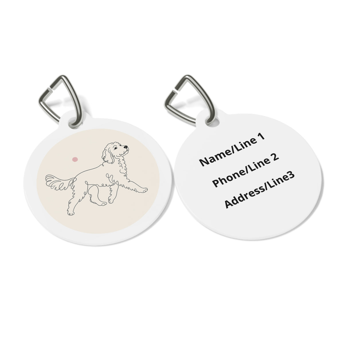Close-up of Goldendoodle Minimalist Cream Line Art artwork on personalized dog ID tag