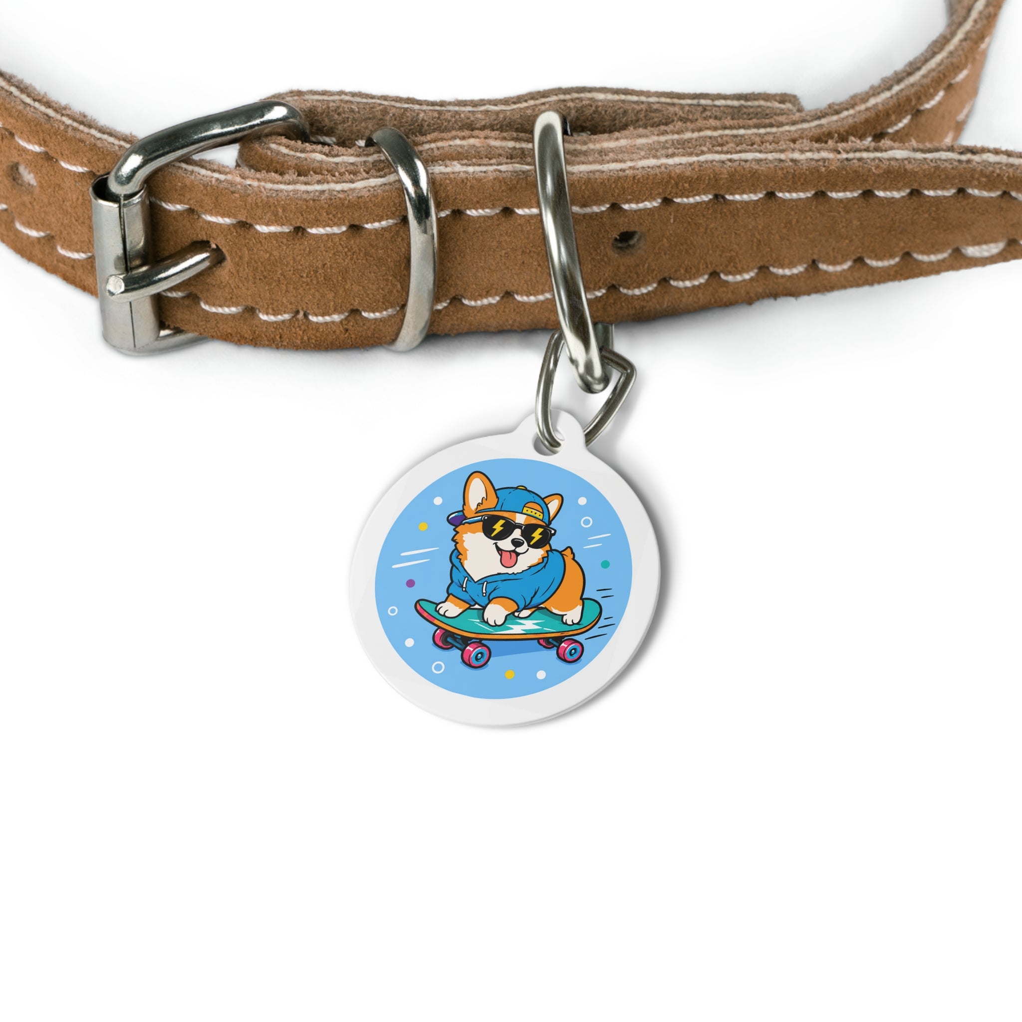 Skater Corgi Energetic Sports Illustration Personalized Dog ID Tag