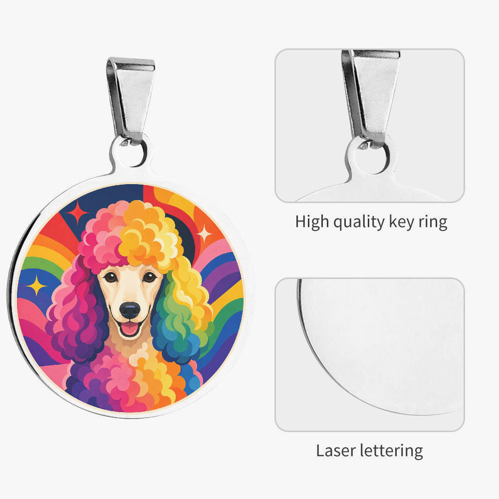Close-up of Poodle Rainbow Afro Pop artwork on personalized dog ID tag