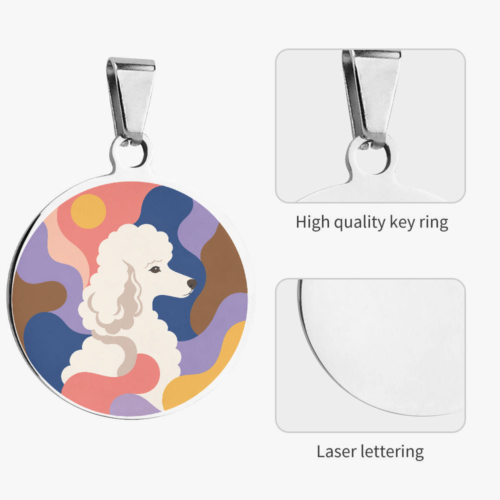Close-up of Poodle Retro Abstract Profile artwork on personalized dog ID tag