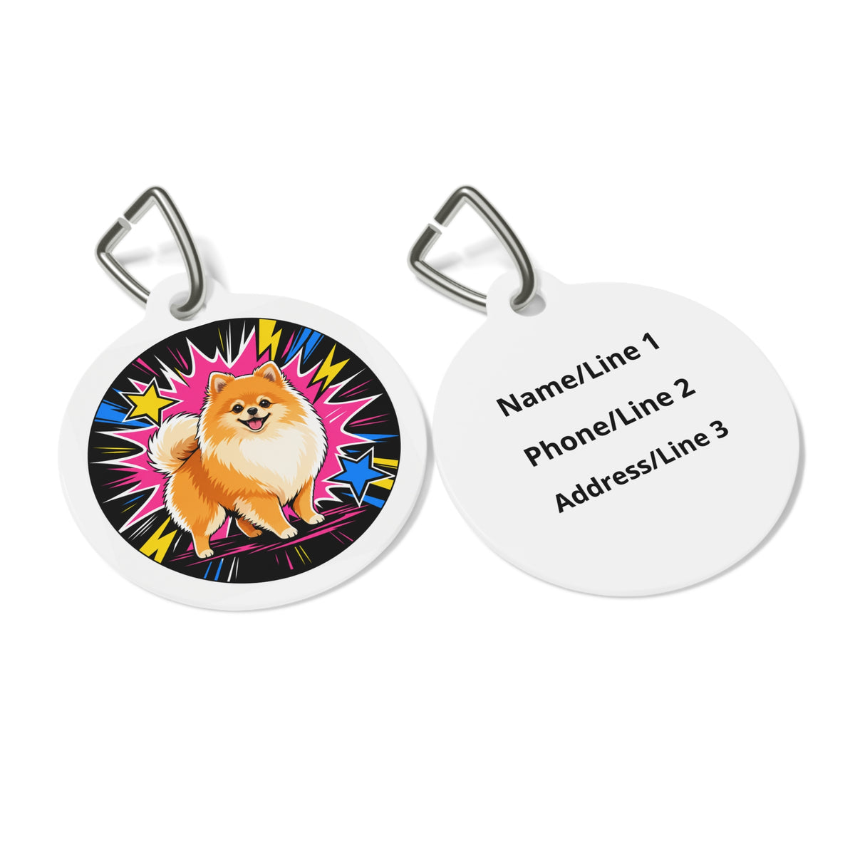 Close-up of Pomeranian Comic Starburst Hero artwork on personalized dog ID tag