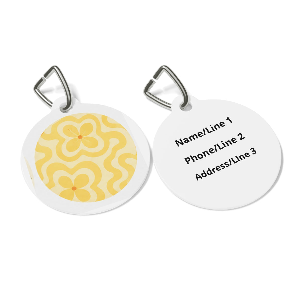 Close-up of Groovy Yellow Floral Retro Floral Pattern artwork on personalized dog ID tag