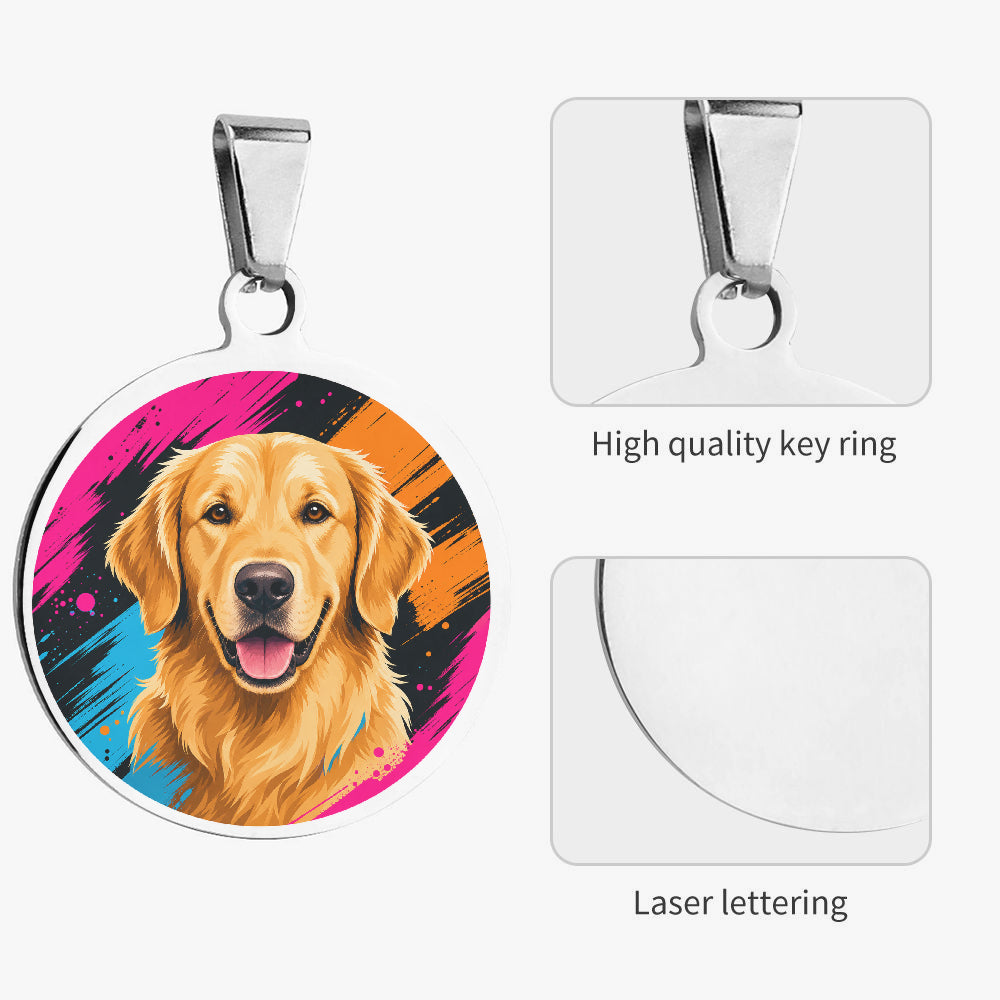 Close-up of Golden Retriever Neon Brush Portrait artwork on personalized dog ID tag