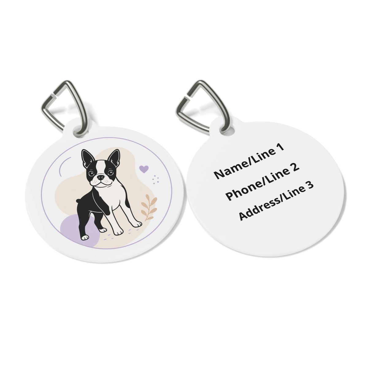 Close-up of Boston Terrier Pastel Storybook artwork on personalized dog ID tag