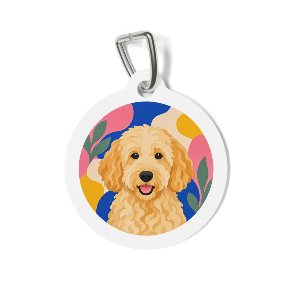 Retrato vibrante a color Goldendoodle Placa identificativa personalizada para perro