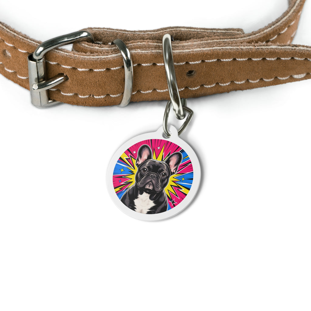 Etiqueta de identificación de perro personalizada con Pop Art alegre de bulldog francés