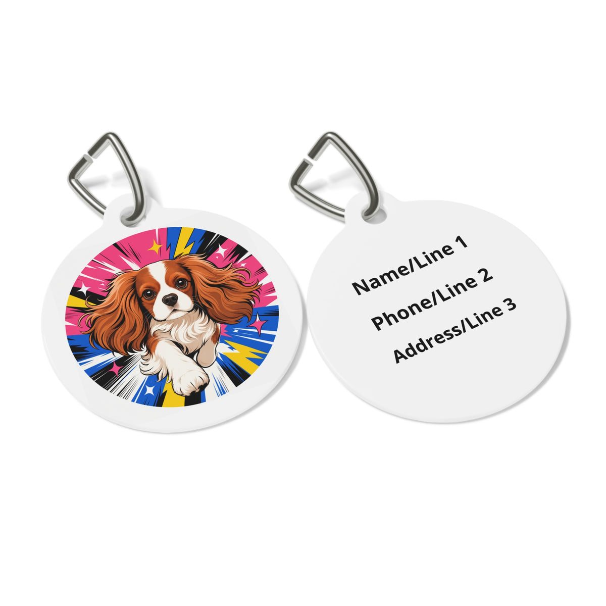 Close-up of Cavalier King Charles Spaniel Superhero Comic artwork on personalized dog ID tag