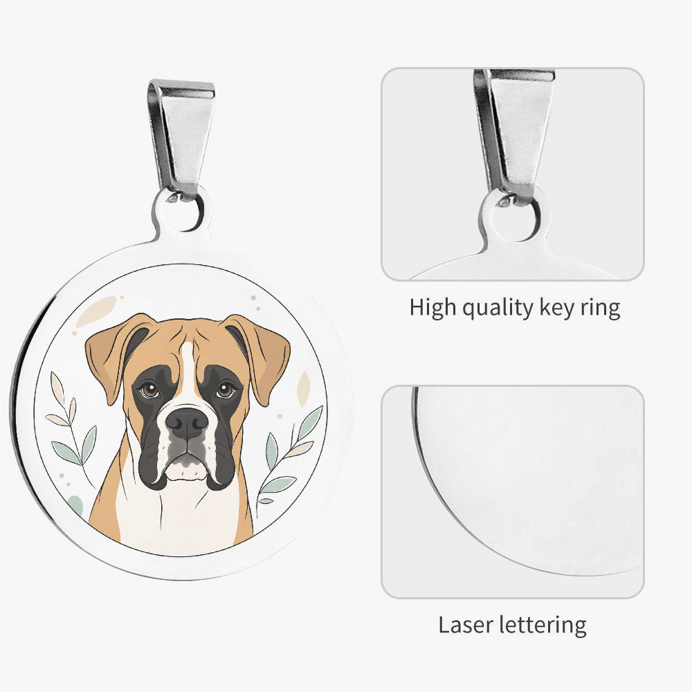 Close-up of Boxer Botanical Line Portrait artwork on personalized dog ID tag