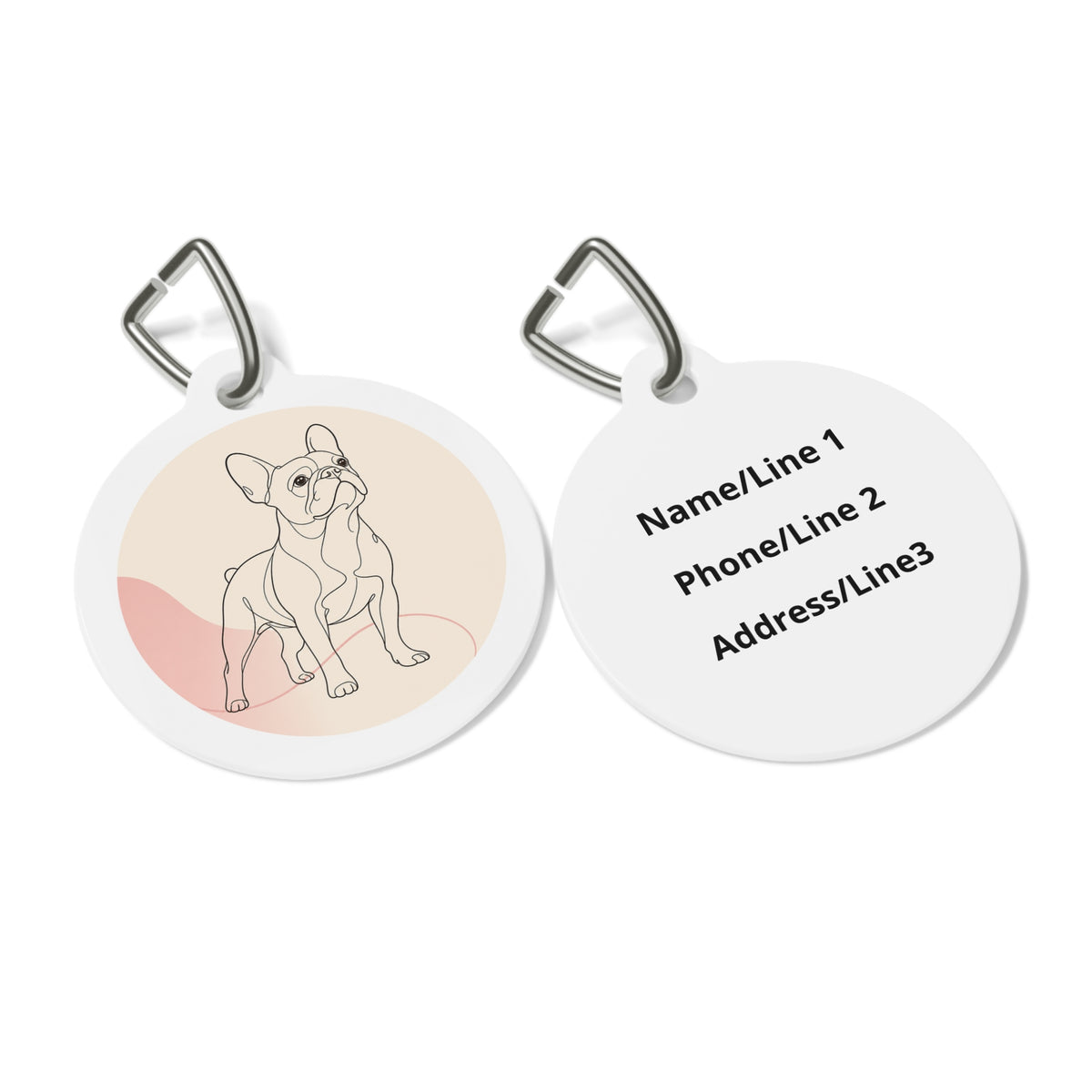 Close-up of French Bulldog Minimal Line Art artwork on personalized dog ID tag