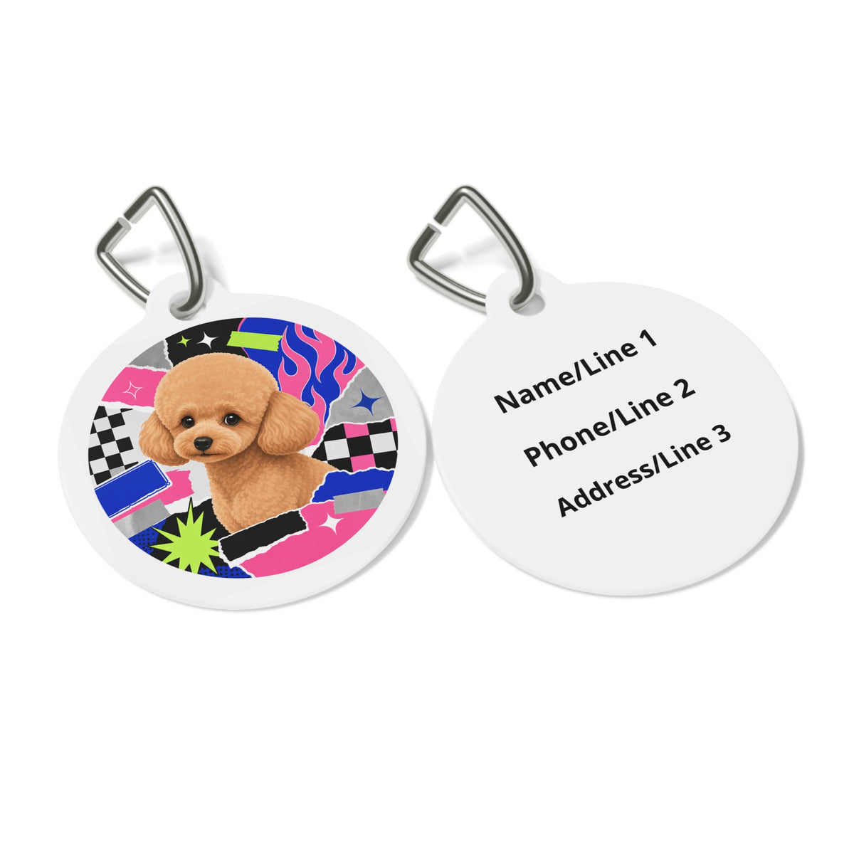 Close-up of Toy Poodle Punk Collage Apricot Puppy artwork on personalized dog ID tag