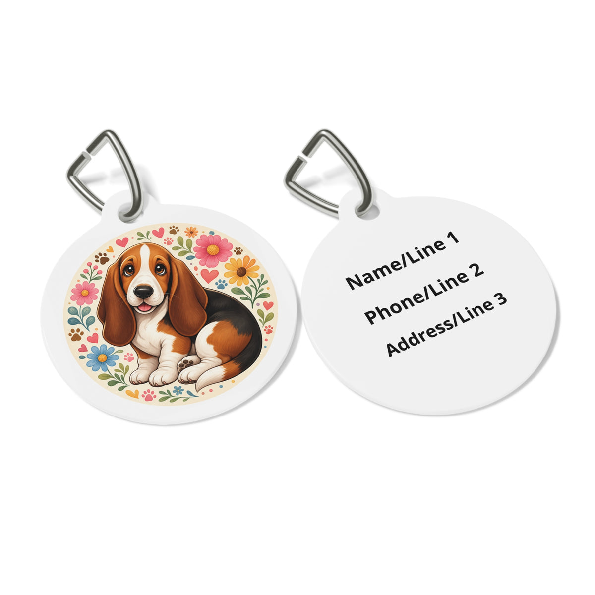 Close-up of Basset Hound Vibrant Flower Garden artwork on personalized dog ID tag