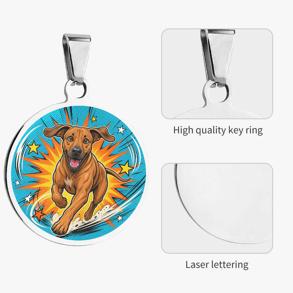 Close-up of Rhodesian Ridgeback Comic Action Burst artwork on personalized dog ID tag