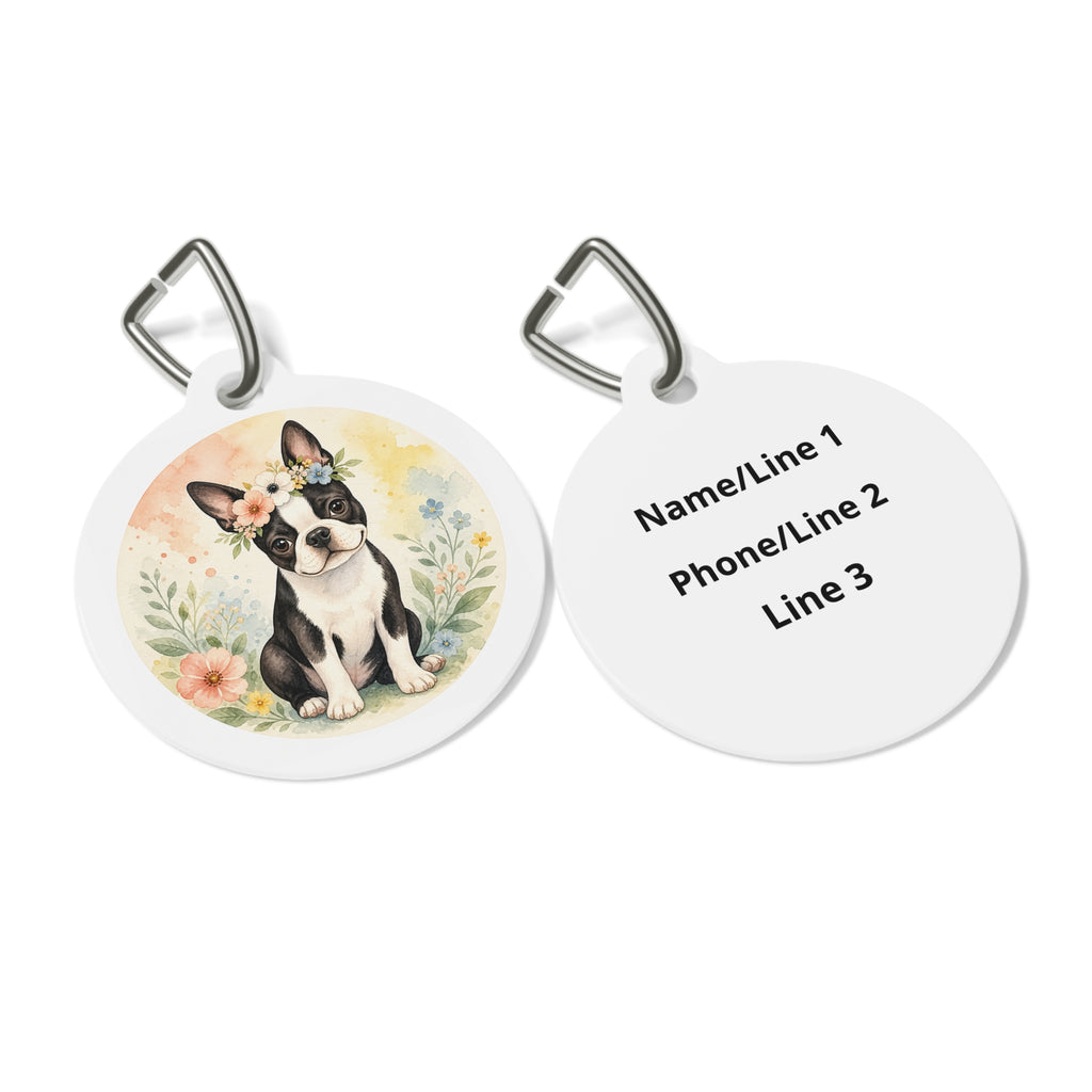 Boston Terrier Garden Watercolor Personalized Dog ID Tag