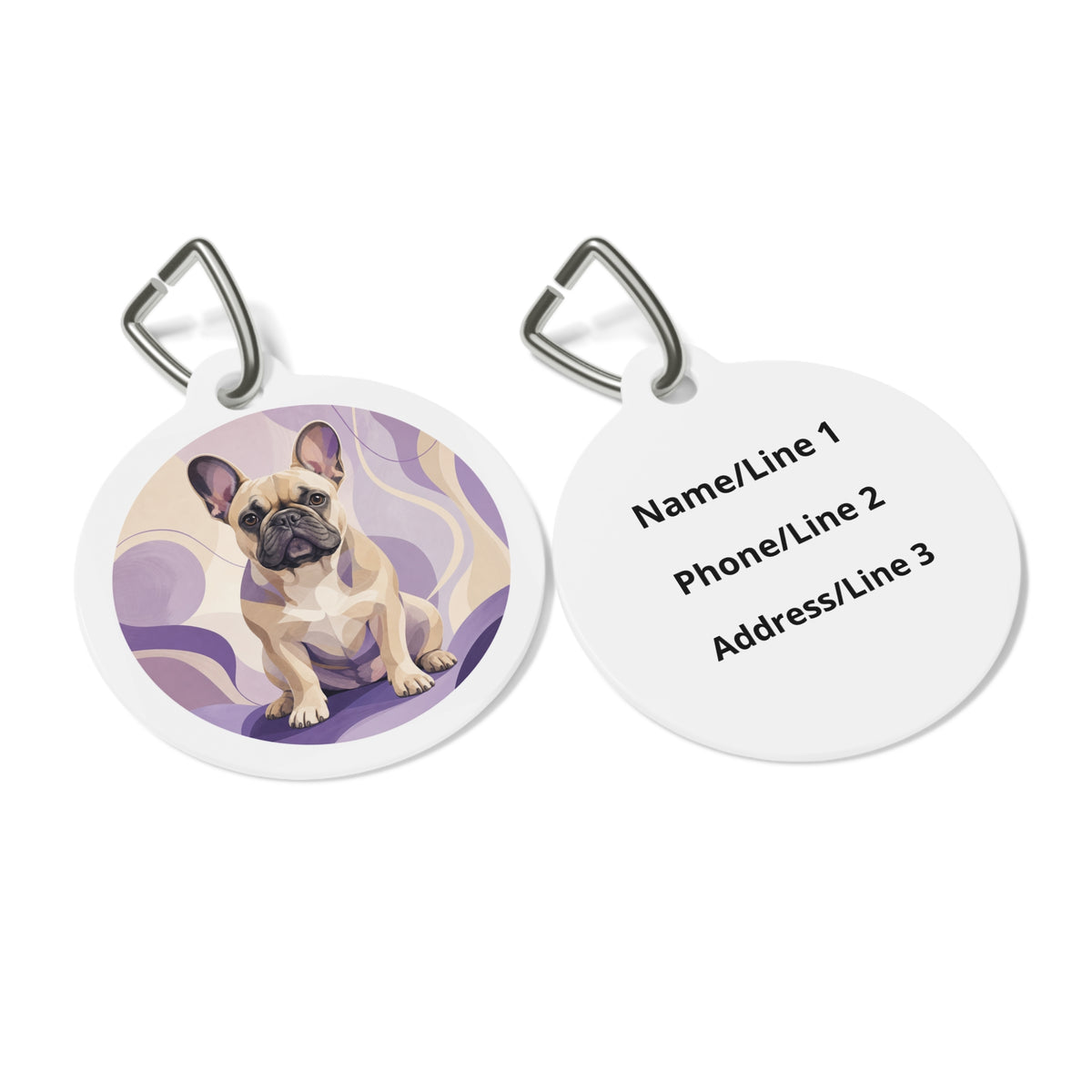 Close-up of French Bulldog Sweet Playful Portrait artwork on personalized dog ID tag