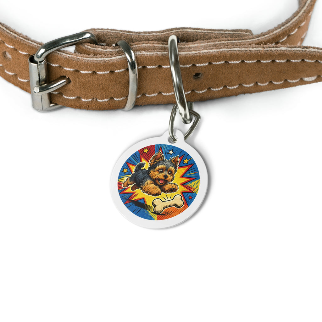 Yorkshire Terrier Comic Action & Bone Personalized Dog ID Tag